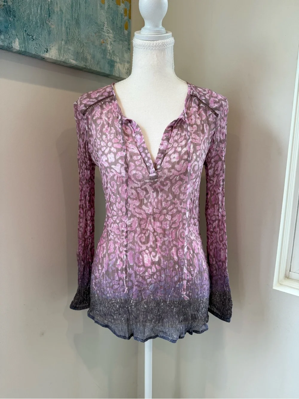 Lucky Brand Fairycore Pink Sheer Ombre Floral Long Sleeve V-Neck Top